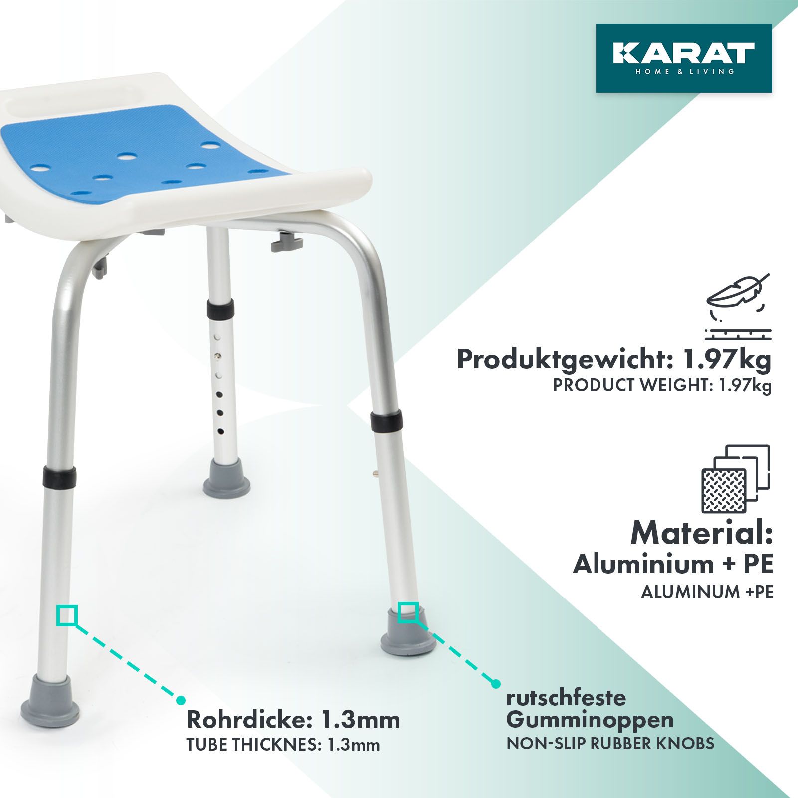 Tabouret de douche avec cadre en aluminium, pieds en caoutchouc antidérapants. Poids: 1,97kg. Épaisseur du tube: 1,3mm.