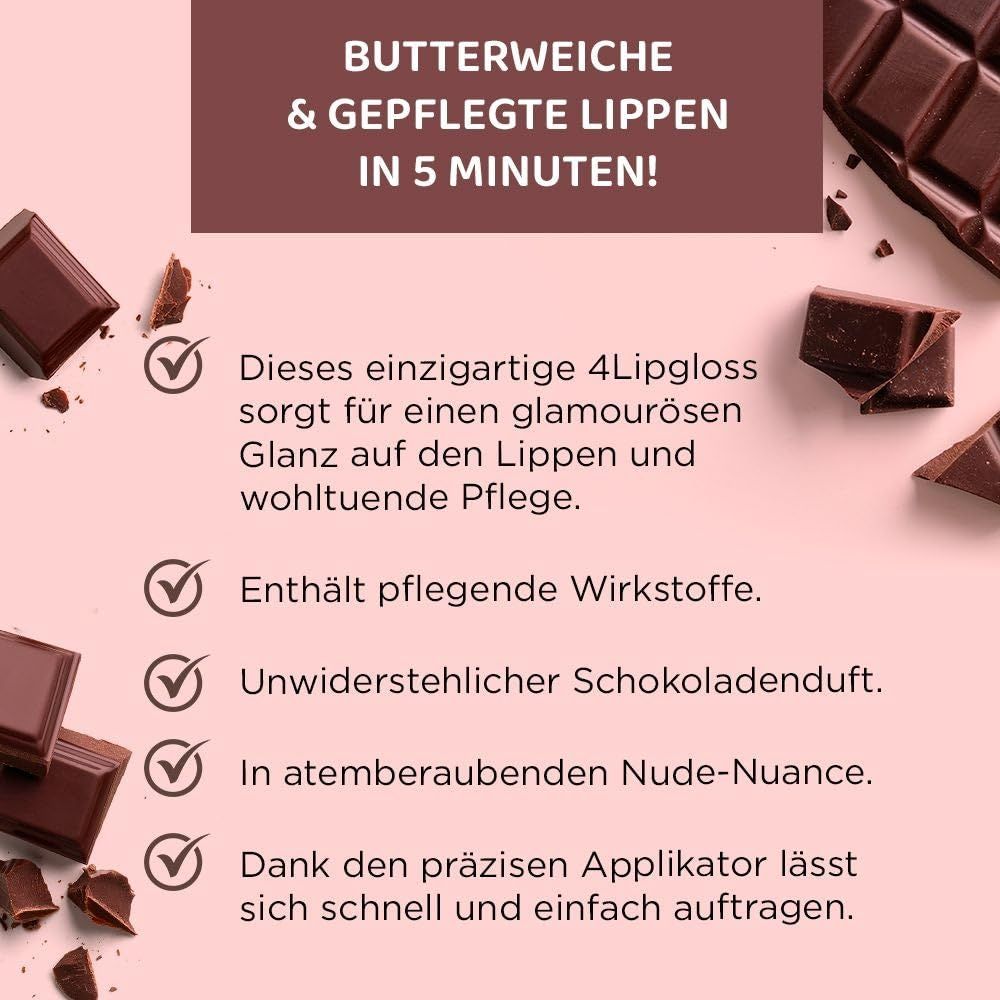 Texte avec avantages du produit : 4 gloss, soin, parfum chocolat, nuance nude, applicateur précis.