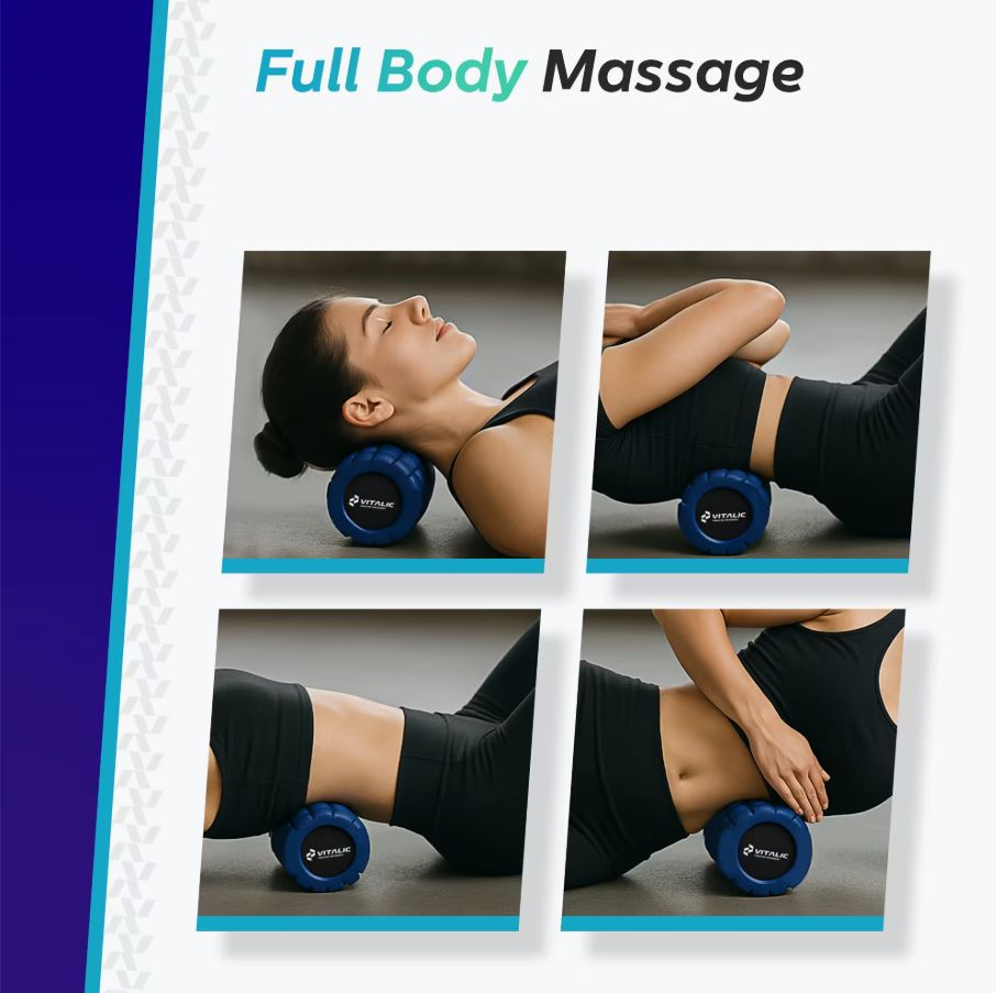 Quatre images montrent des femmes utilisant le rouleau de fascia bleu pour un massage complet du corps. Différentes positions.