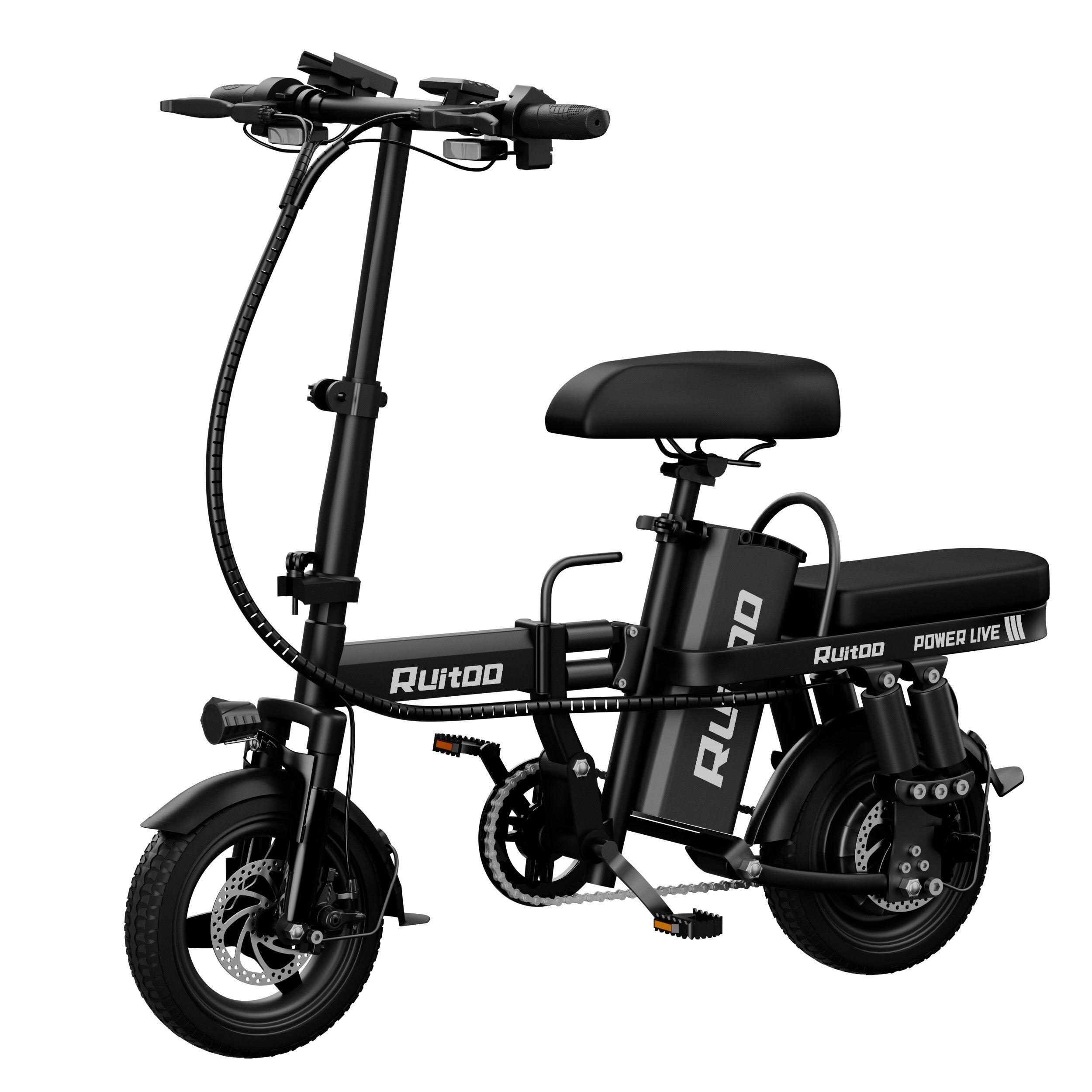 Vélo électrique noir, vue latérale. Roues, selle, batterie, guidon visibles. Marque : Ruitoo.