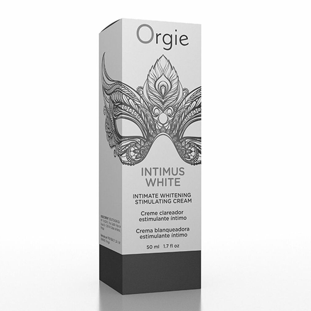 Witte verpakking met zwarte basis. Opschrift: Orgie, Intimus White, Intimate Whitening Stimulating Cream. 50 ml.