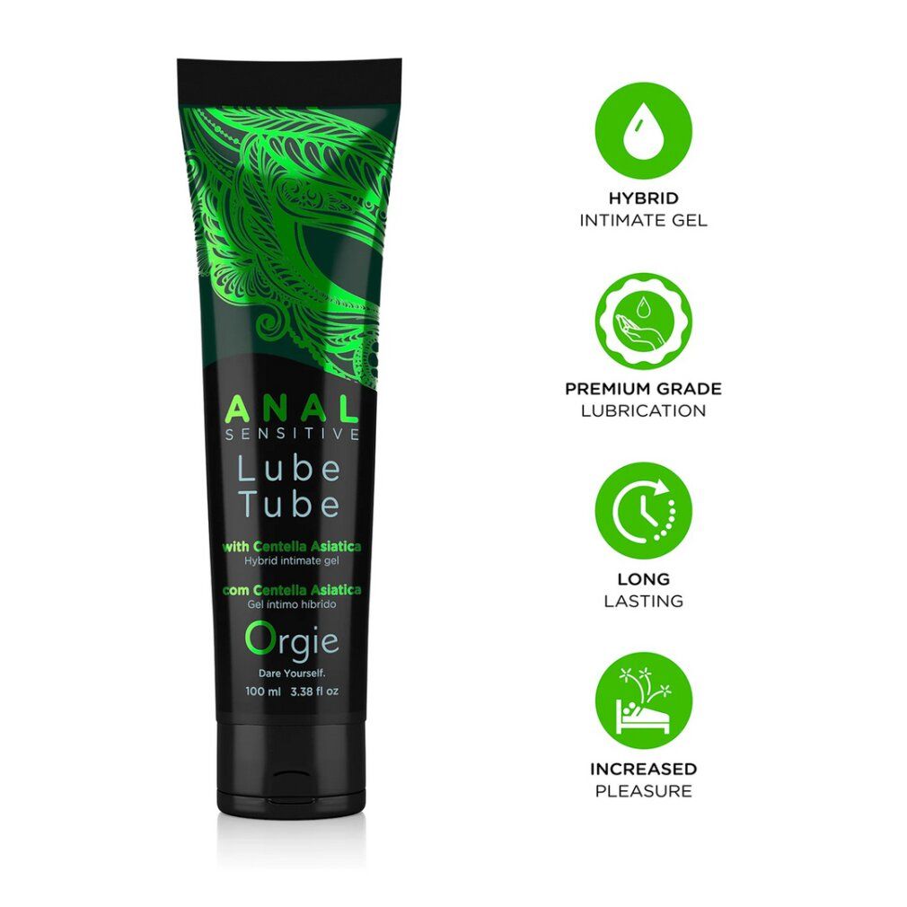 Tube à motif vert, avec icônes pour gel intime hybride, lubrification premium, longue durée, plaisir accru.