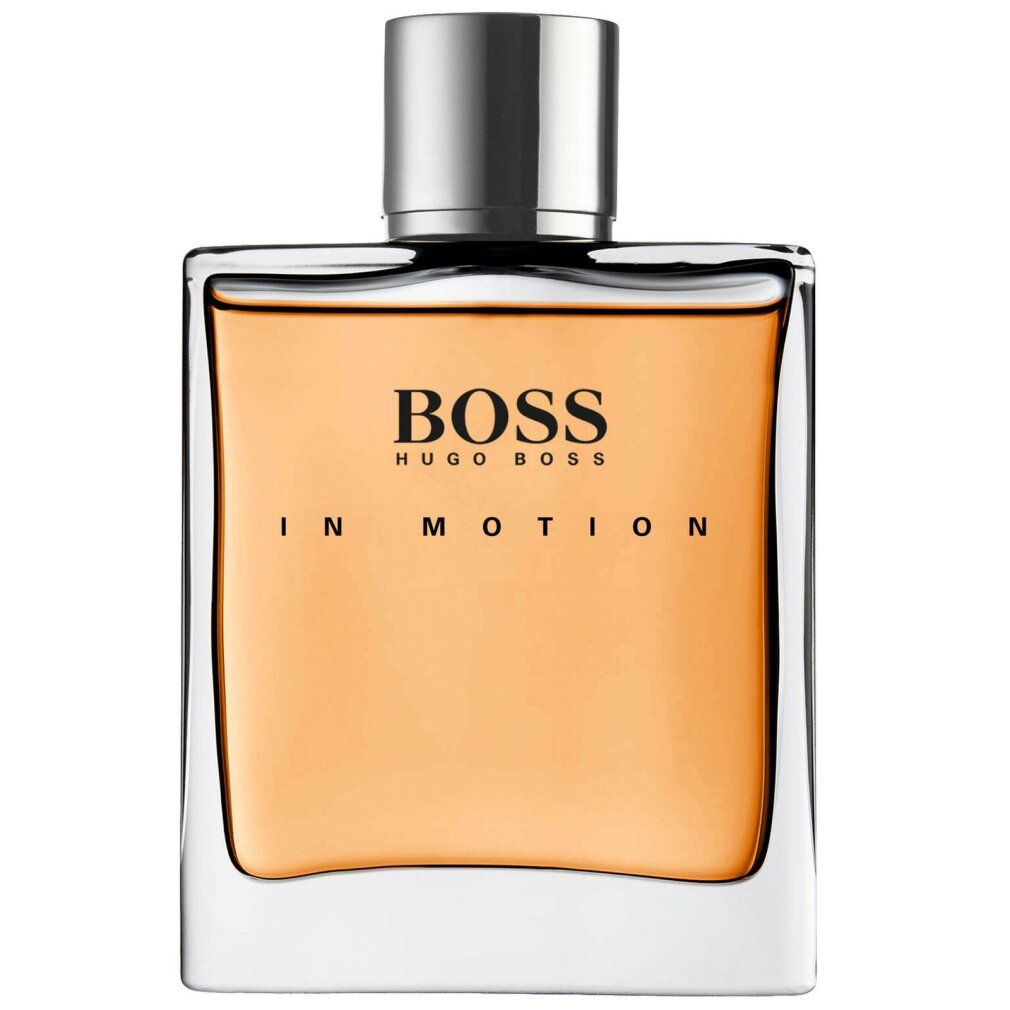 Hugo Boss Boss In Motion Eau de Toilette. Flacon carré avec bouchon argenté. Liquide orangé. Inscription BOSS IN MOTION.