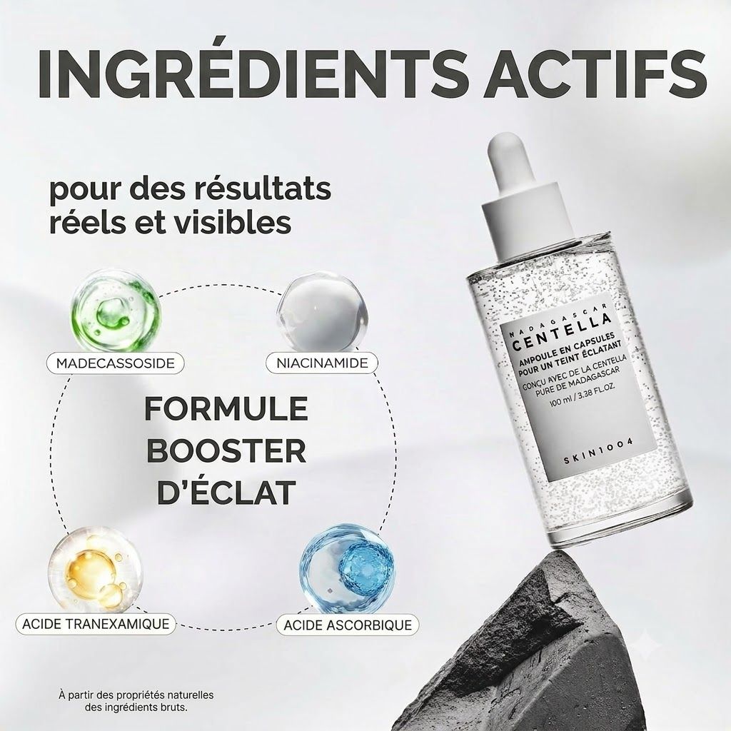 Ingrédients actifs de l'ampoule SKIN1004 : Madécassoside, Niacinamide.