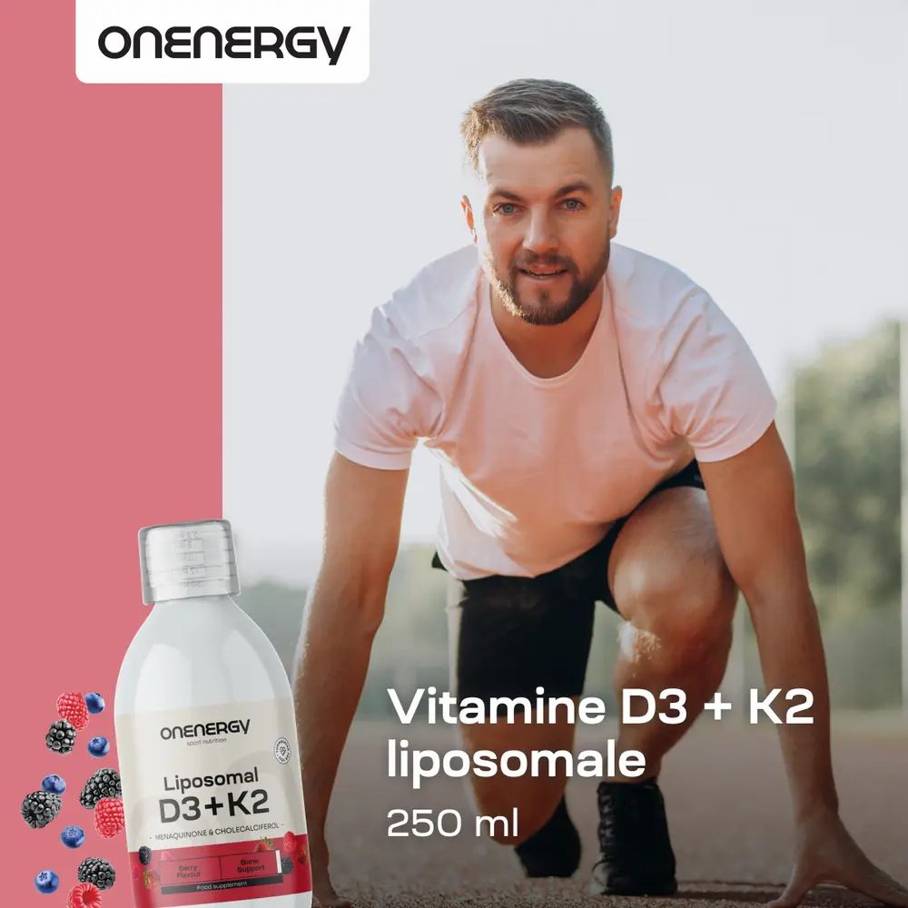 OnEnergy D3+K2 liposomale, 250 ml. Homme en position de départ. Nutrition sportive. Baies.