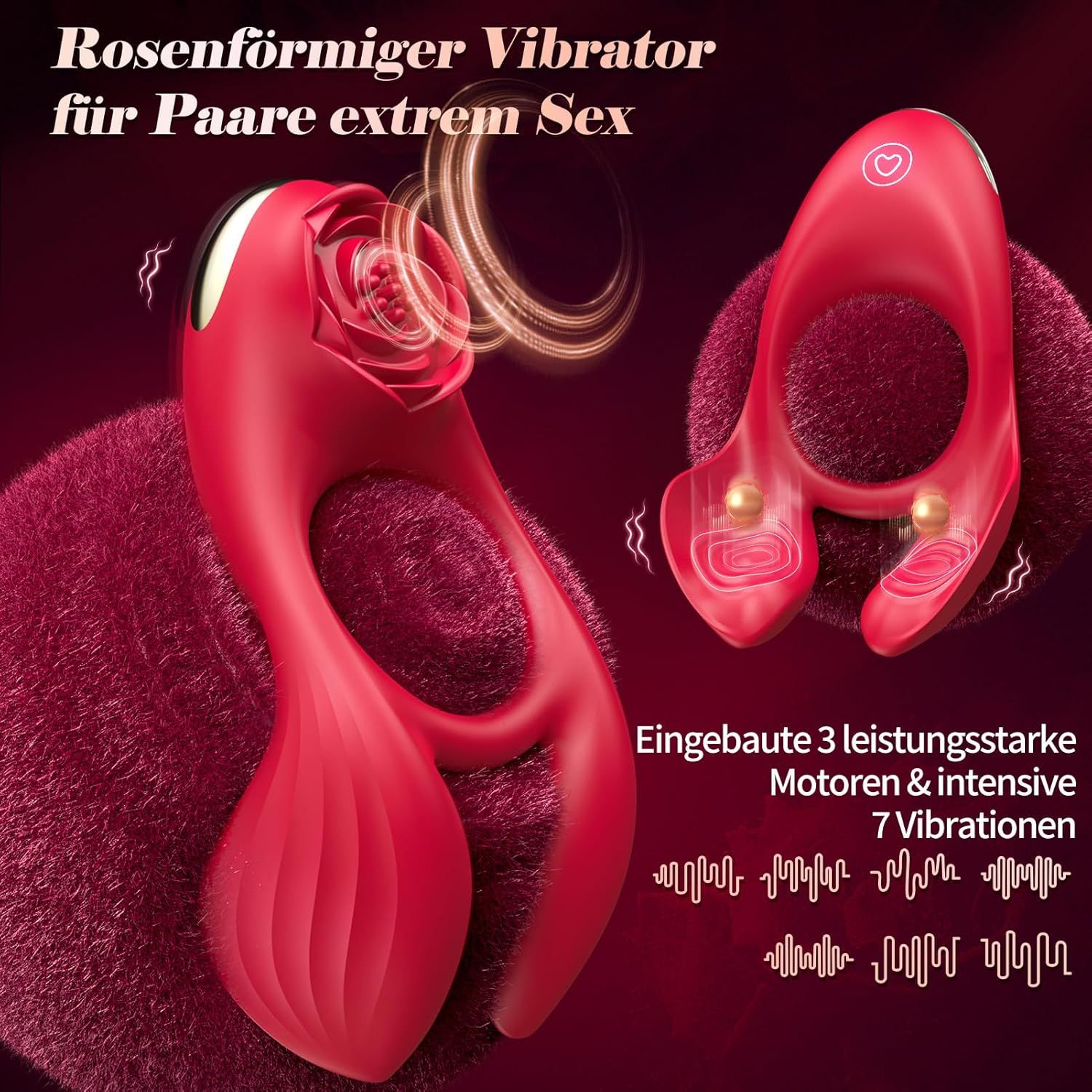 Vibrateur rouge en forme de rose avec deux moteurs et 7 modes de vibration.