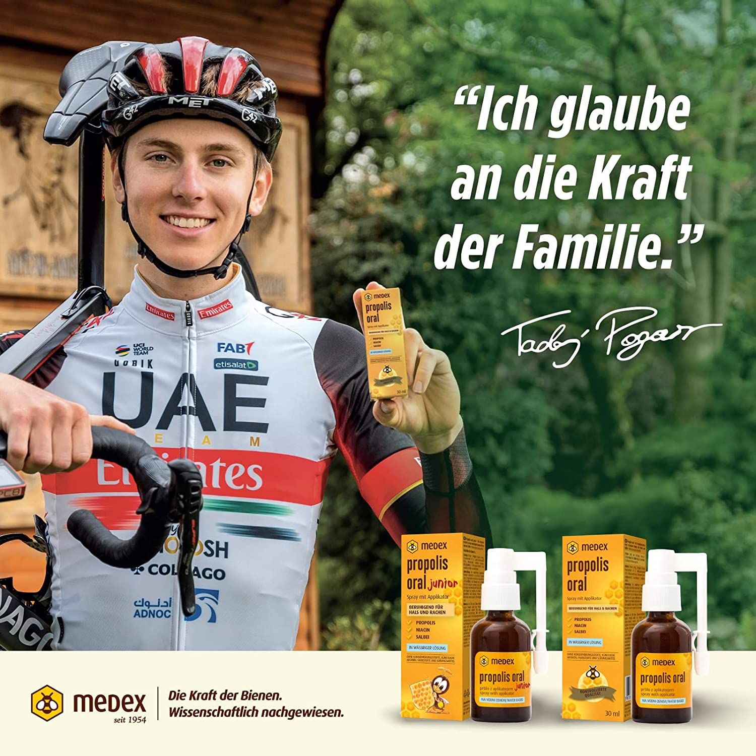 Wielrenner met Medex Propolis Oral producten. Citaat: "Ik geloof in de kracht van familie."