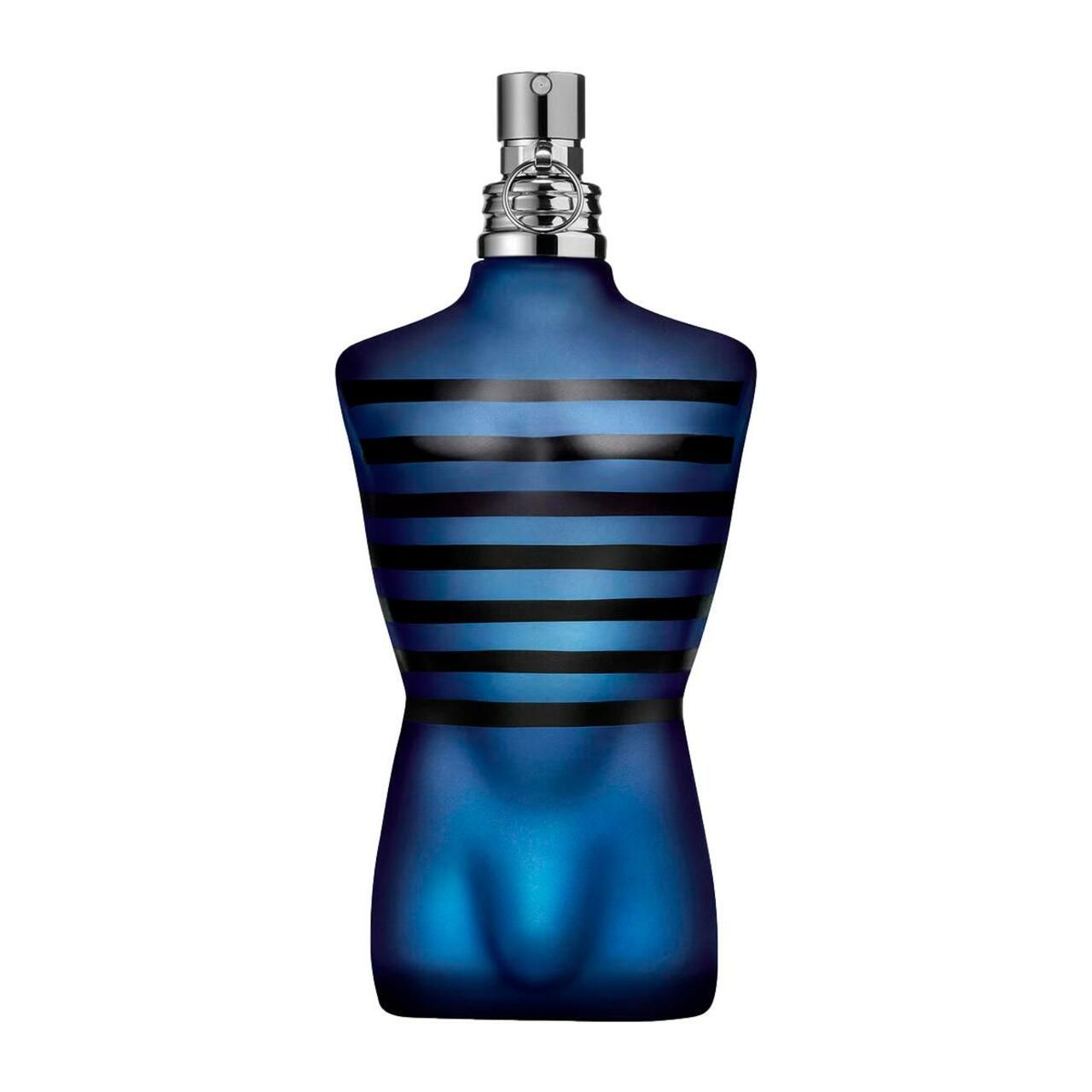 Blauwe fles in torso-vorm met zwarte strepen. Zilveren spraykop.