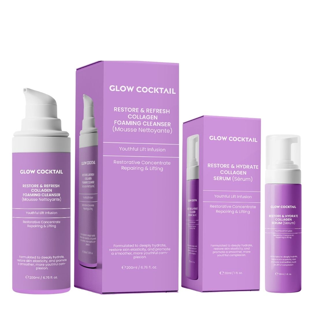 Deux flacons et deux boîtes. Inscription : Glow Cocktail, Restore & Refresh Collagen Foaming Cleanser, Restore & Hydrate Collagen Serum.