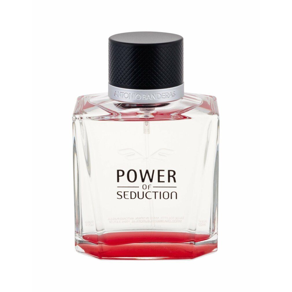 Glazen flacon met zwarte dop, rode voet en de tekst "Power of Seduction".