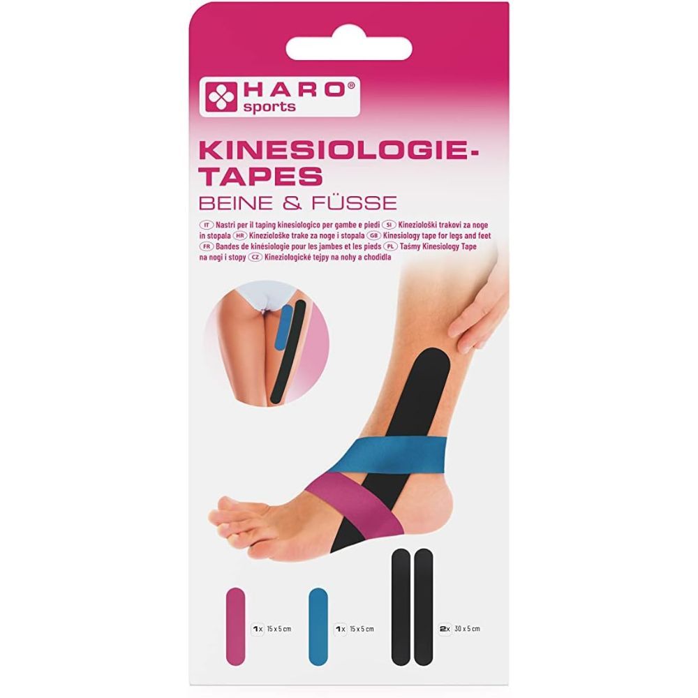Verpakking met kinesiotape voor benen en voeten. Afbeelding van een voet met roze, blauwe en zwarte tape. Merk: HARO Sports.