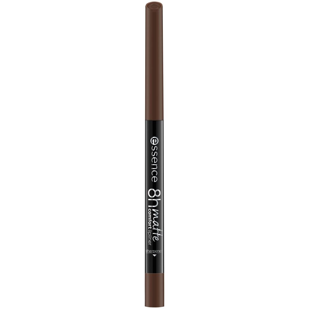 Essence Lippenstiftstift 8H Matte Comfort, bruin. Zwarte pen met bruine punt. Merk en productnaam zichtbaar.