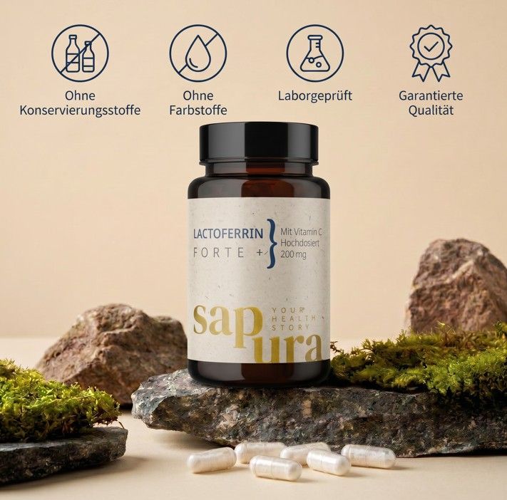 Capsules Lactoferrin Forte : Sans conservateurs, colorants. Testé en laboratoire. Sapura Health.