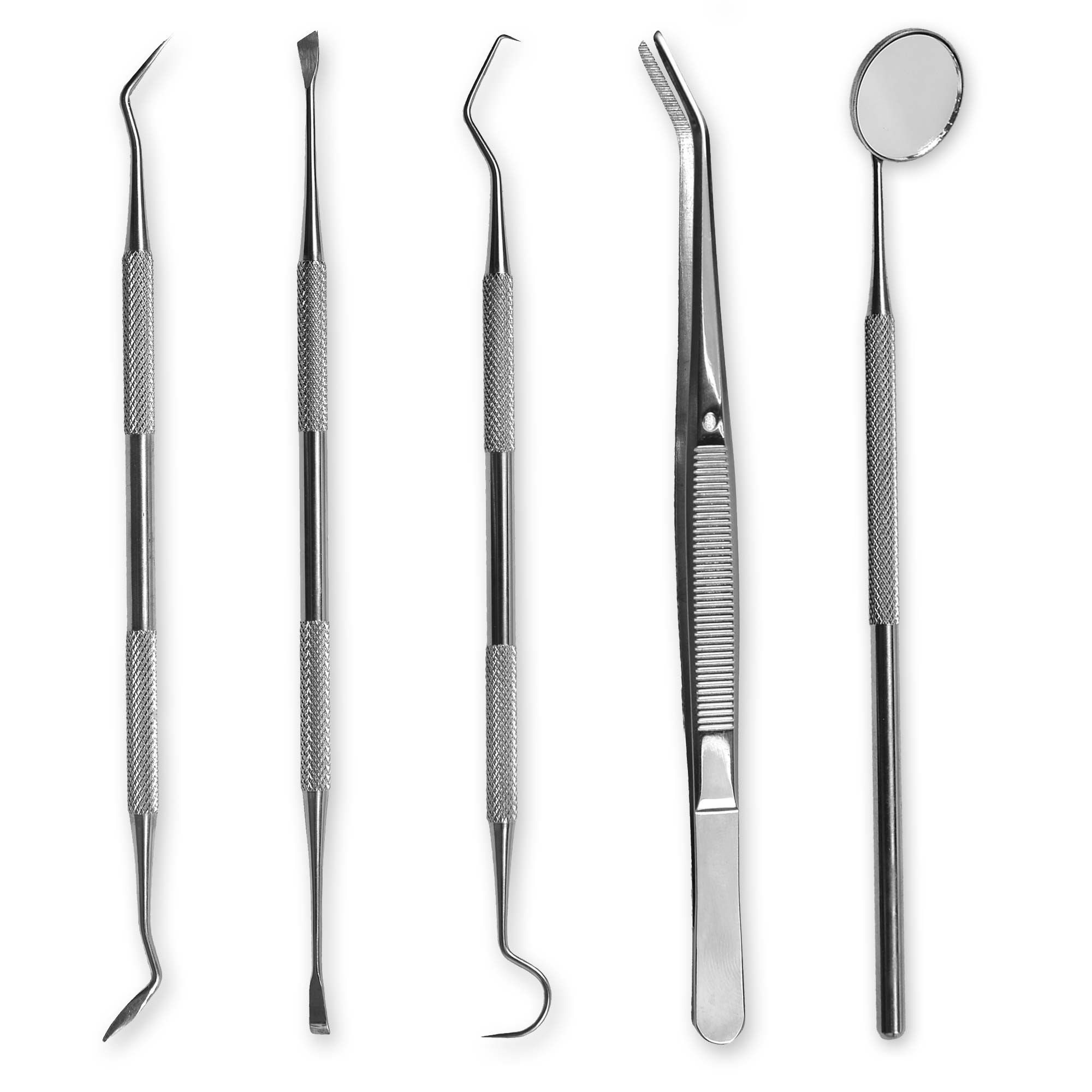 Tandheelkundige instrumentenset met 5 instrumenten: haak, spatel, pincet en spiegel. Allemaal van metaal met geribbelde handgrepen.