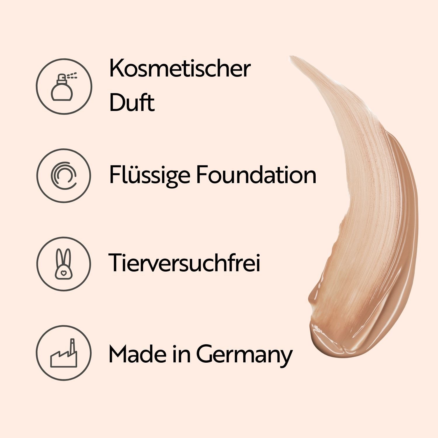 Symboles et texte. Parfum cosmétique, fond de teint liquide, sans cruauté, fabriqué en Allemagne.