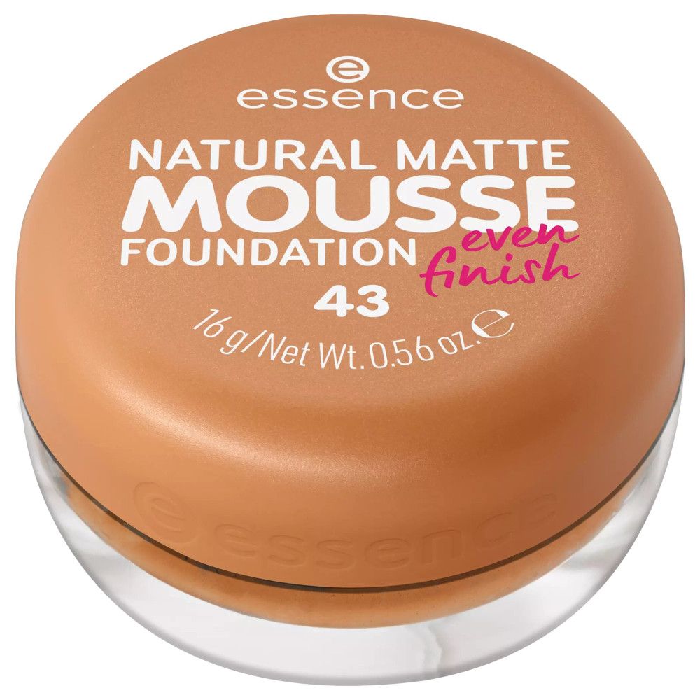 Ronde, beige deksel met opschrift: Natural Matte Mousse Foundation. Daaronder een glazen pot.