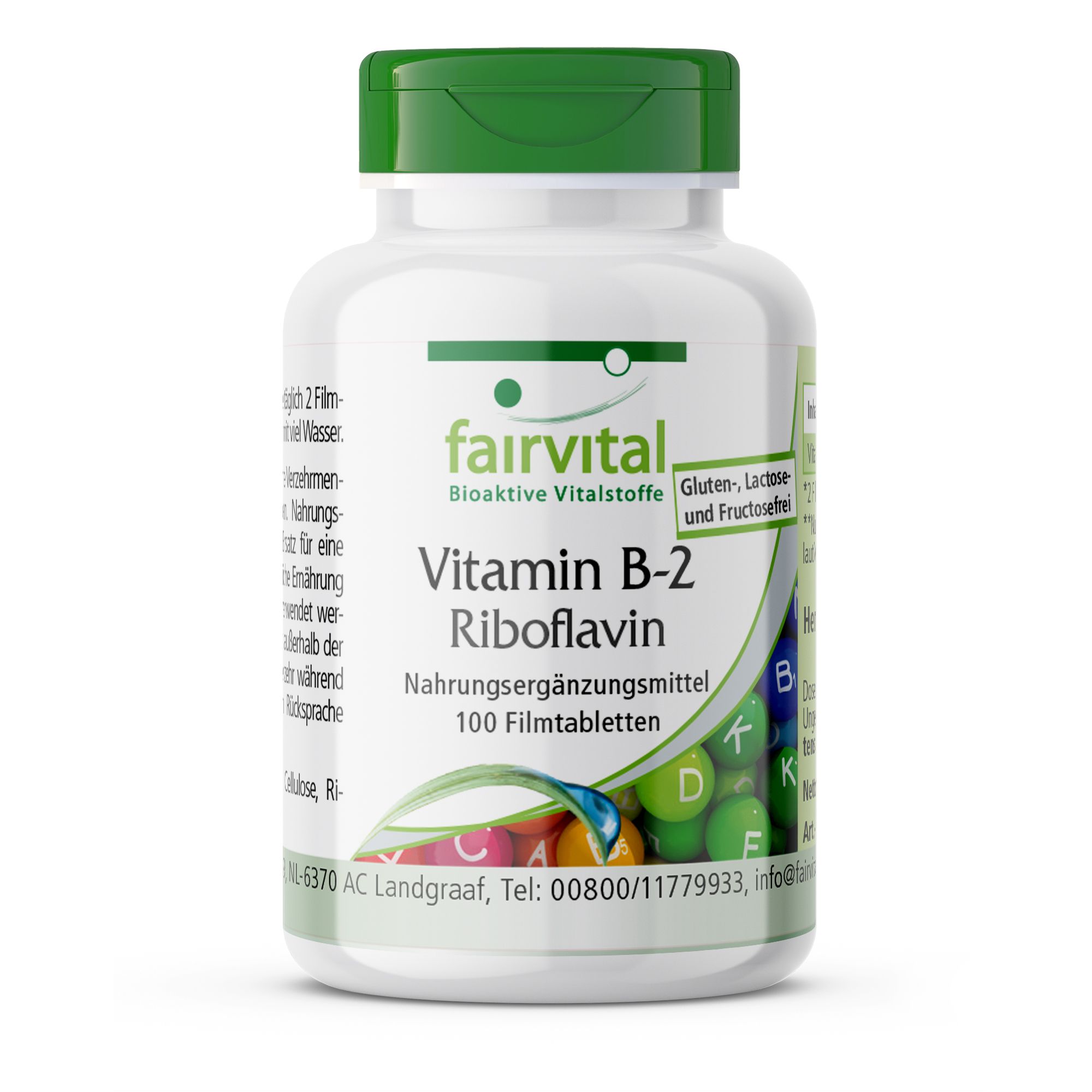Fles Fairvital Vitamine B-2 Riboflavine, 100 filmtabletten. Glutenvrij, lactose- en fructosevrij.