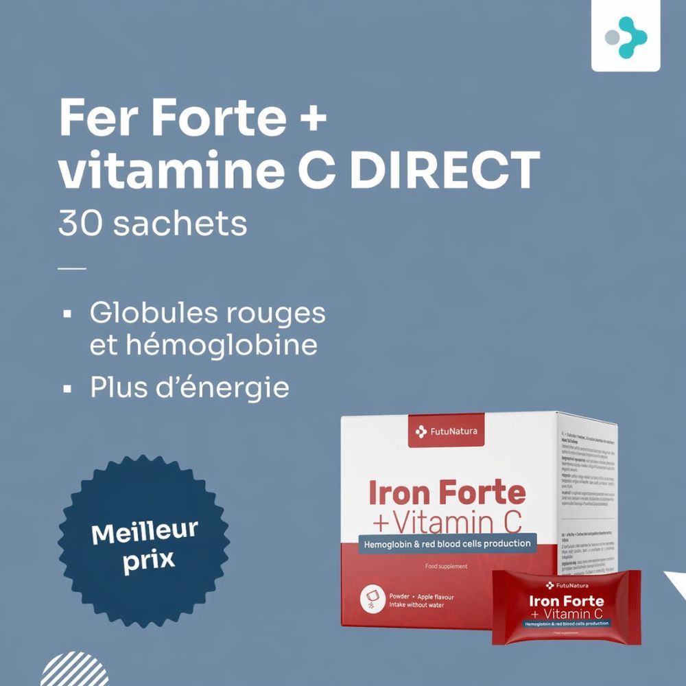 Emballage FutuNatura Fer Forte + Vitamine C et texte. Couleur de fond bleue.
