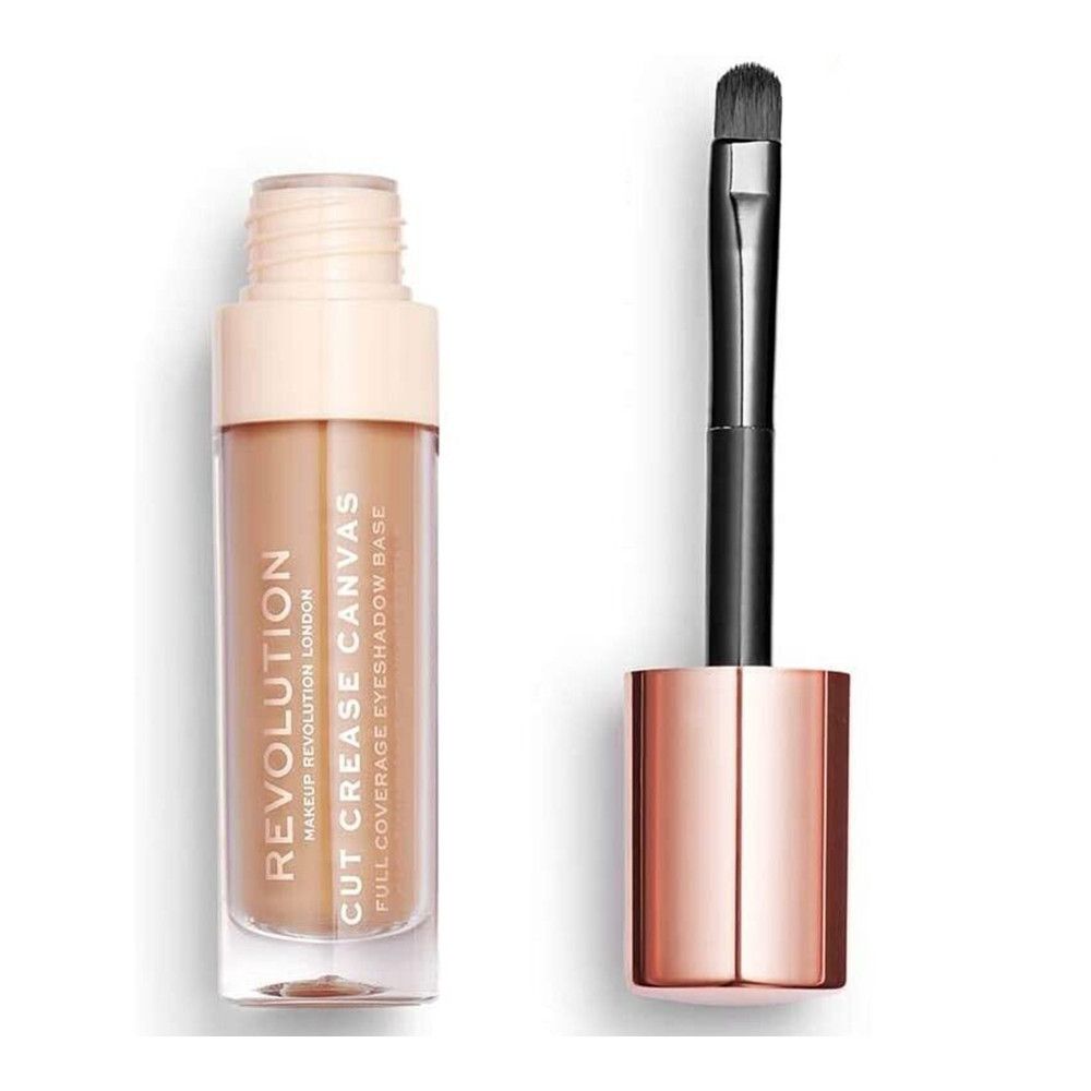 Oogschaduw primer in een transparante fles met roségouden dop en applicatorborstel. Tekst: CUT CREASE CANVAS.