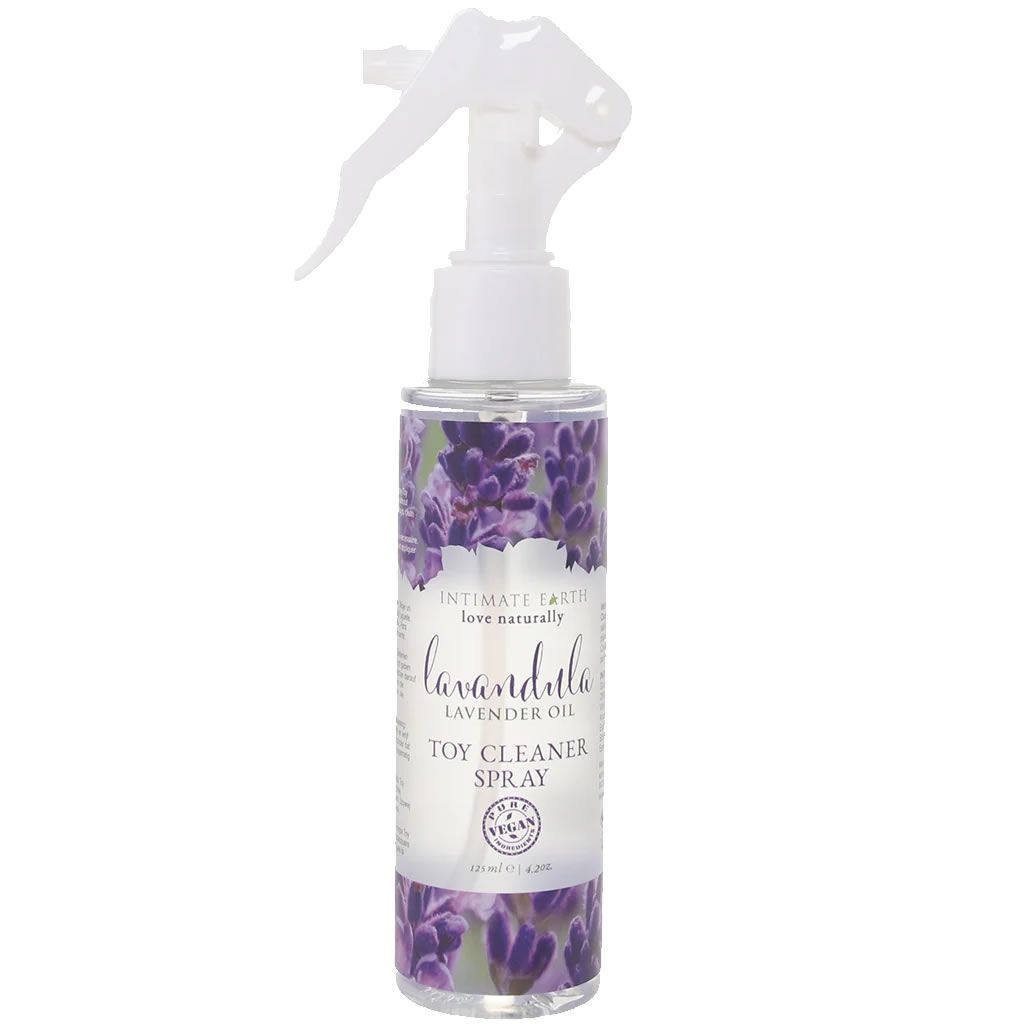 Spray nettoyant pour jouets Lavandula avec pulvérisateur. Bouteille transparente décorée de lavande.