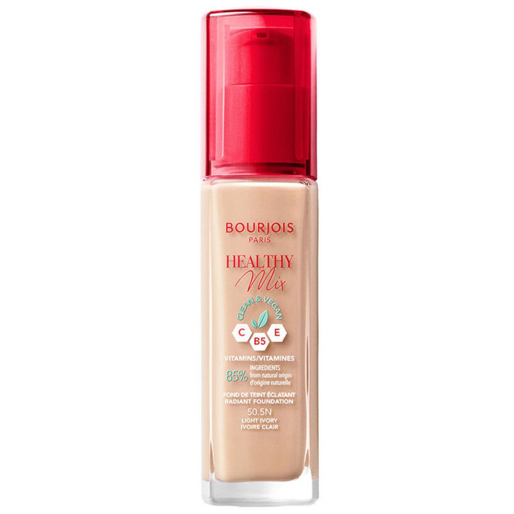 Foundationflesje met rode pomp. Bourjois Healthy Mix. Kleur: 50,5N Light Ivory. Vitaminen en ingrediënten.