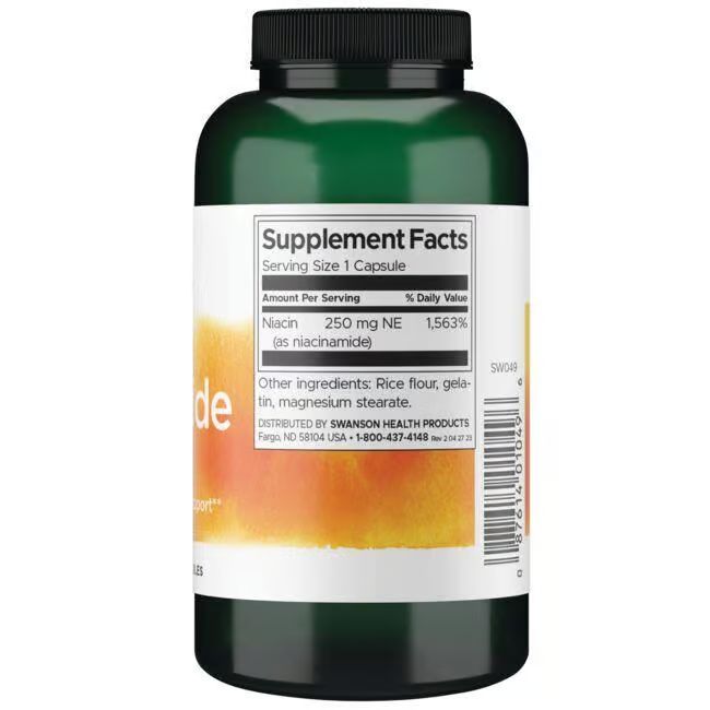 Flacon vert avec étiquette blanche. Inscription : Niacinamide, 250 mg. Contient des gélules. Informations nutritionnelles au dos.