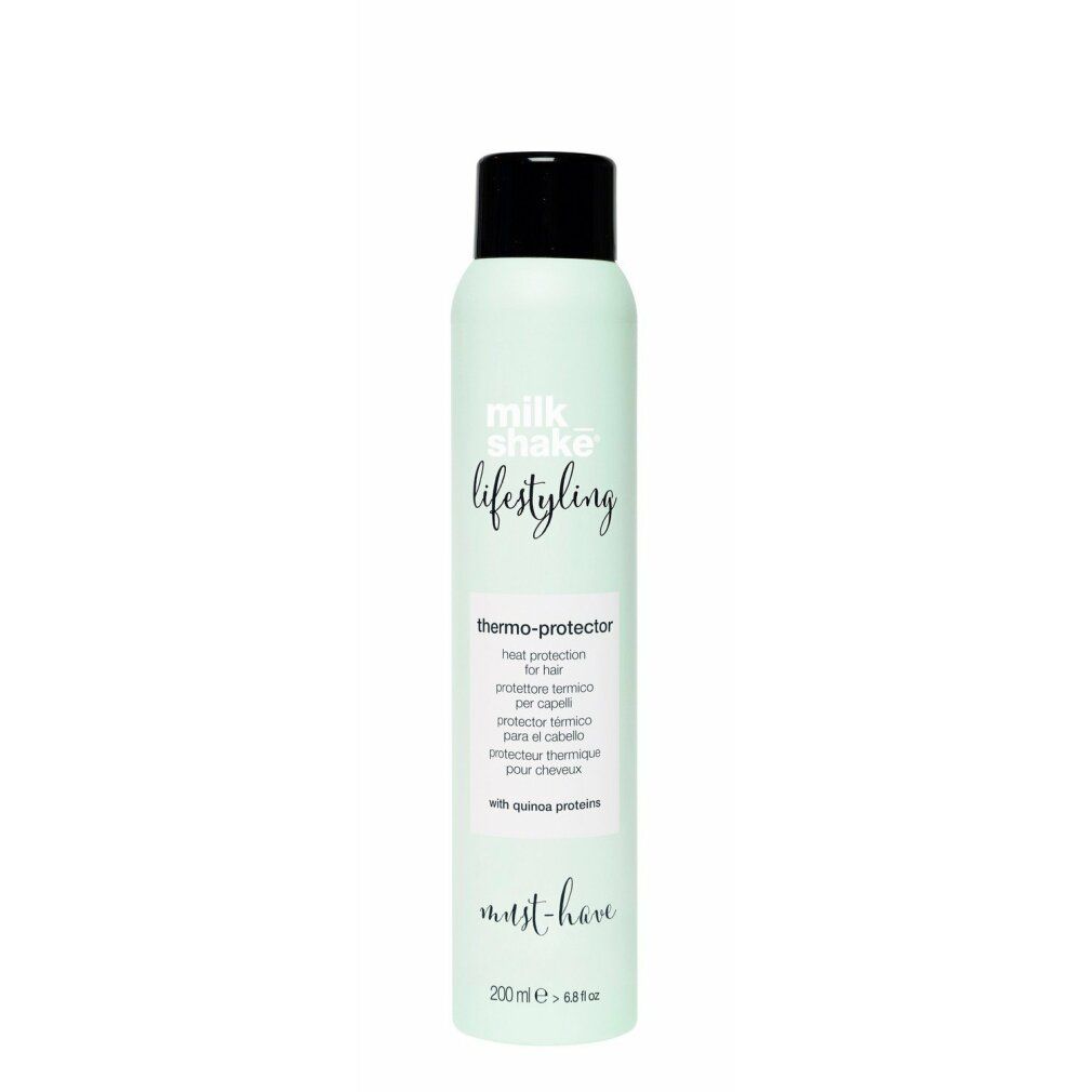 Lichtgroene sprayfles met zwarte dop. Opschrift: milk_shake, lifestyling, thermo-protector. Tekst in meerdere talen. Onder: must-have, 200 ml.