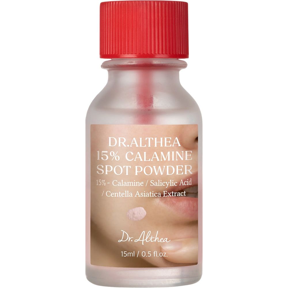 Flacon Dr. Althea 15% Calamine Spot Powder avec bouchon rouge et applicateur.