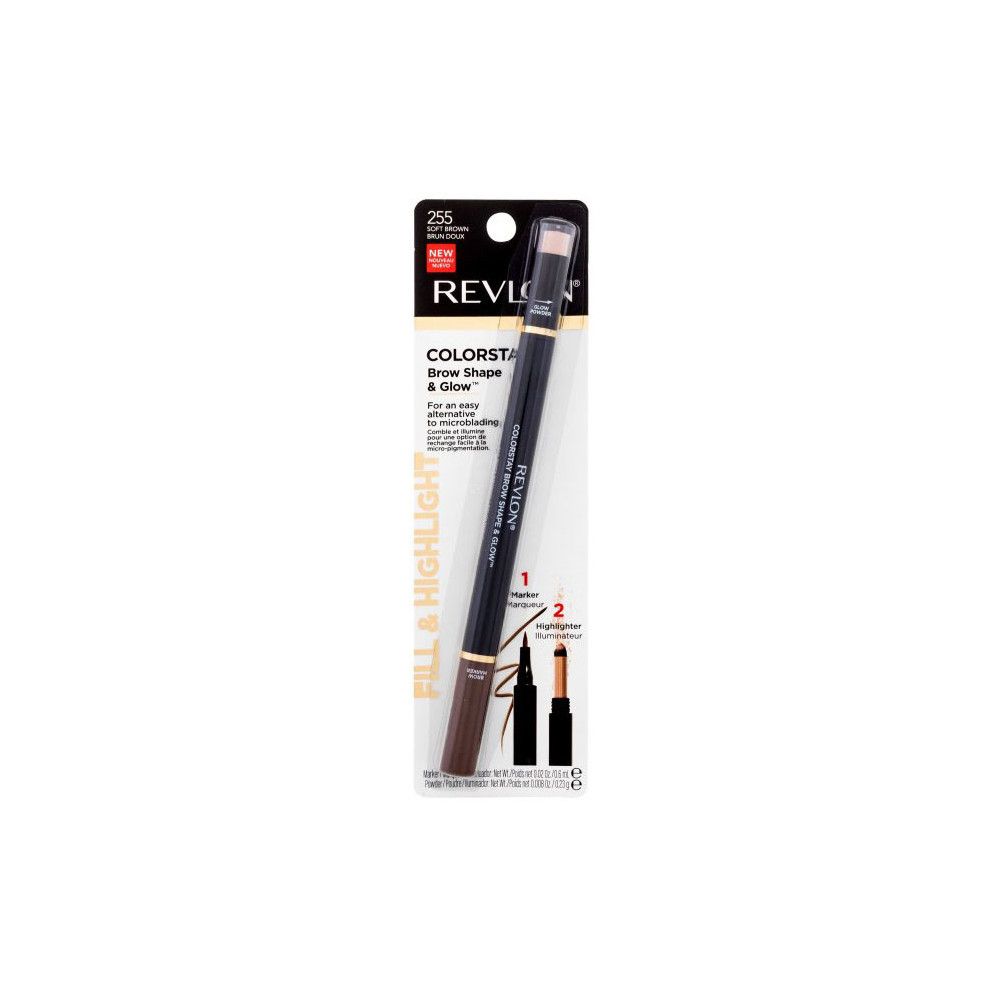 Crayon à sourcils Revlon ColorStay Brow Shape & Glow dans son emballage. Crayon noir-brun avec pointe et brosse brun clair. Texte: Fill & Highlight.