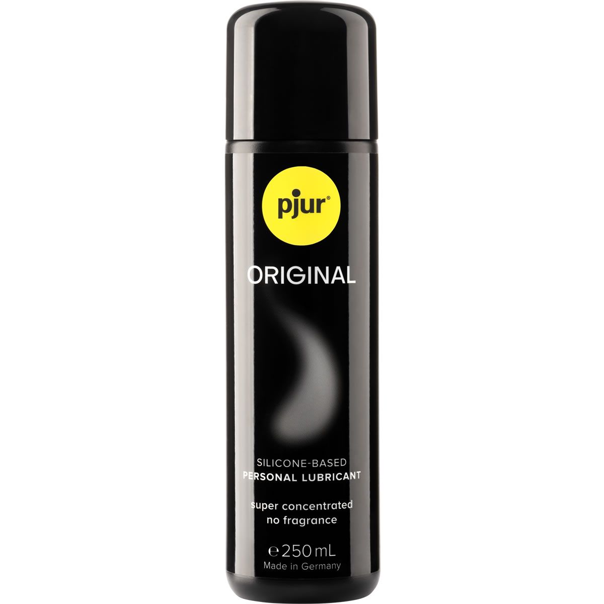 Flacon noir avec logo jaune "pjur ORIGINAL". Texte: SILICONE-BASED PERSONAL LUBRICANT, super concentrated no fragrance, e 250mL, Made in Germany.
