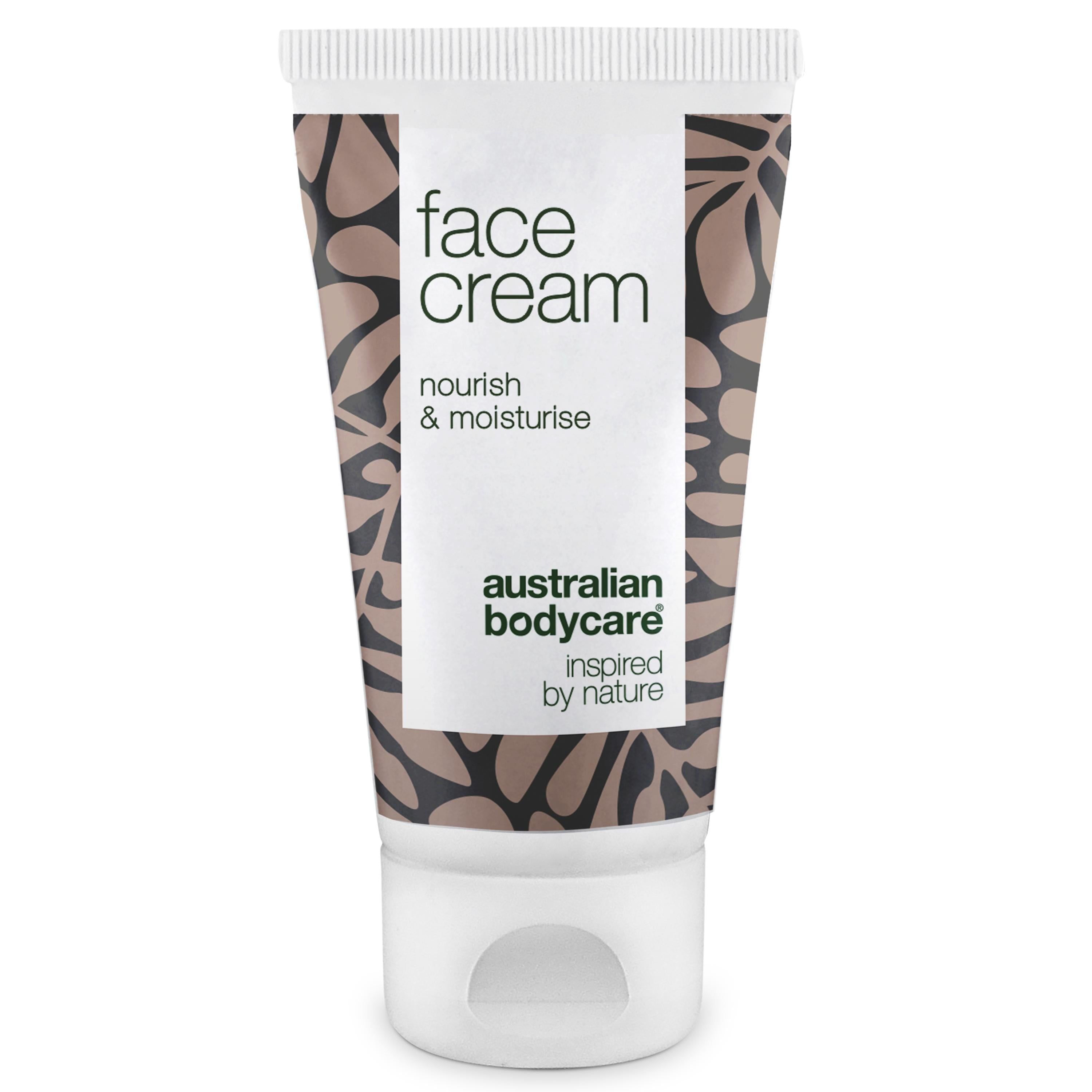 Tube de crème blanche. Texte : face cream, nourish & moisturise. Marque : Australian Bodycare.