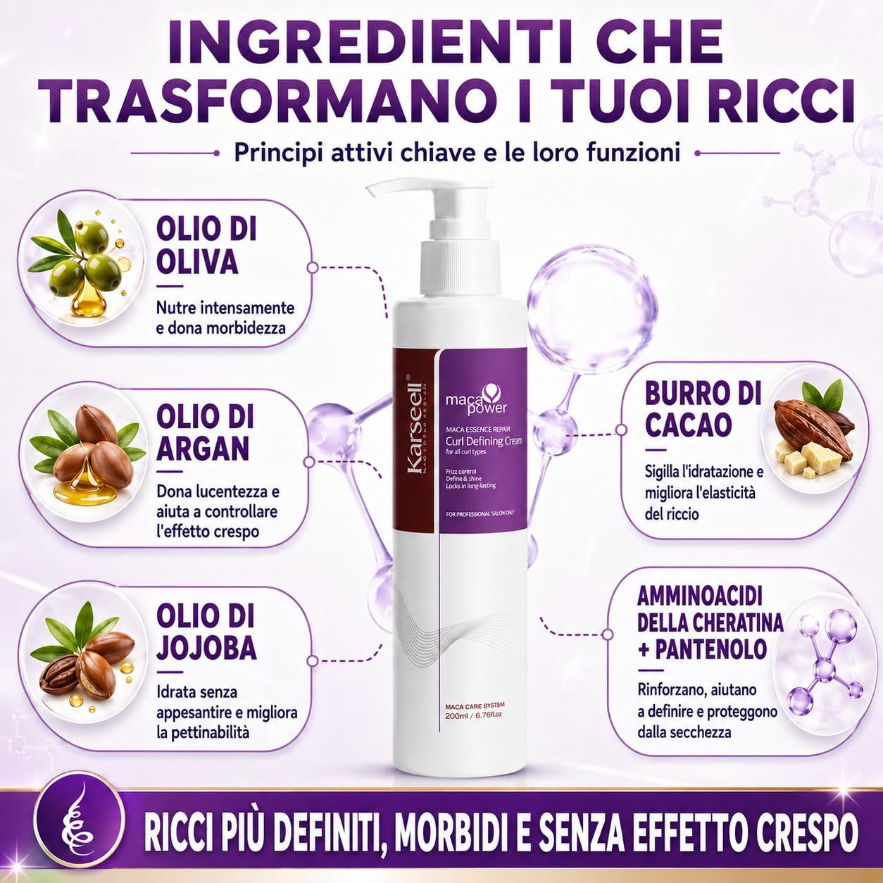Flacon pompe de crème définissant les boucles Karseell, avec huile d'olive, d'argan, de jojoba, beurre de cacao et acides aminés.