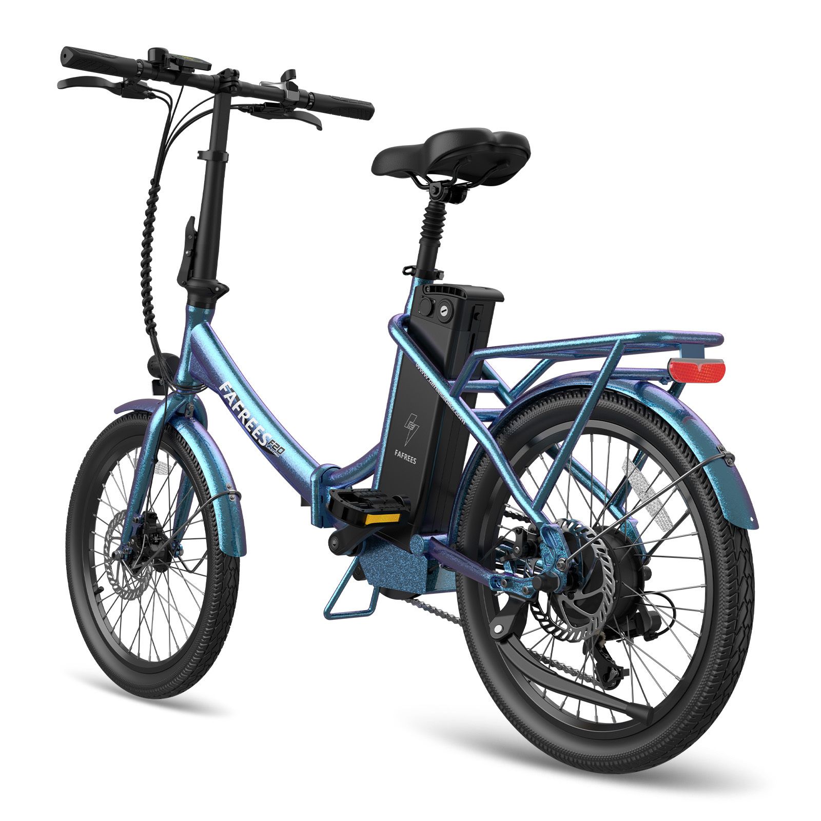 Vélo électrique Fafrees F20 bleu. Cadre pliable, porte-bagages, freins à disque, batterie sur cadre. Pneus et selle noirs.