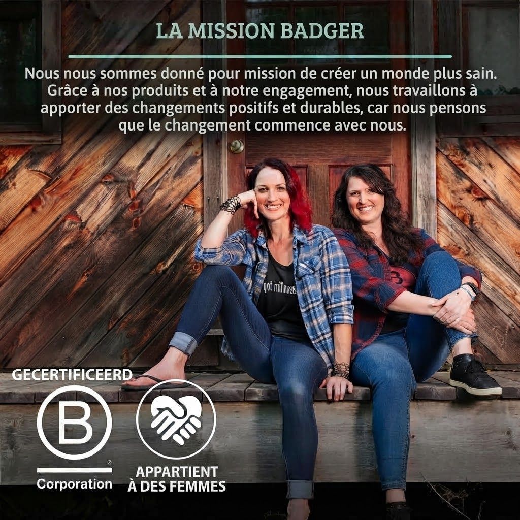 Deux femmes assises sur un porche en bois. À gauche, le logo B Corp ; à droite, le logo 'Propriété de femmes'.