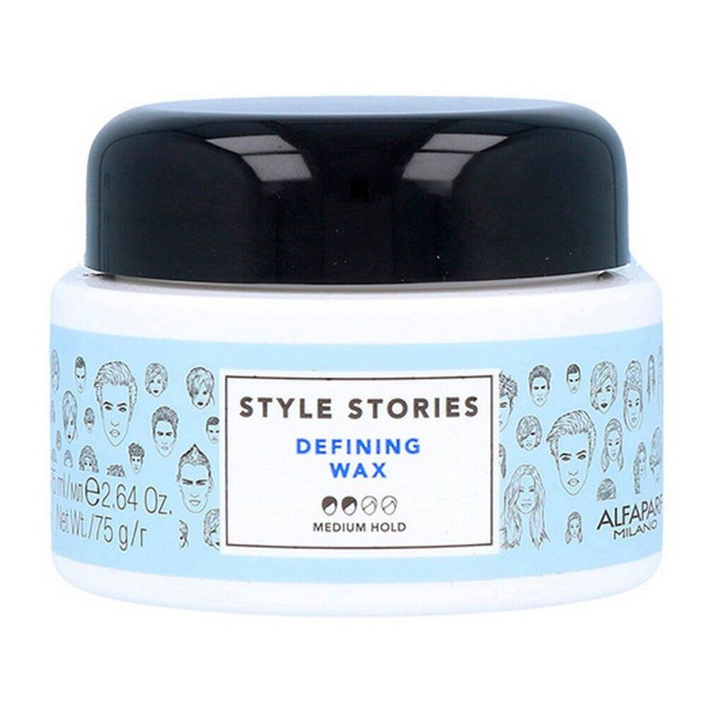 Witte pot met zwarte deksel. Opschrift: Style Stories Defining Wax. Gezichtscontouren op het etiket. Alfaparf Milano.