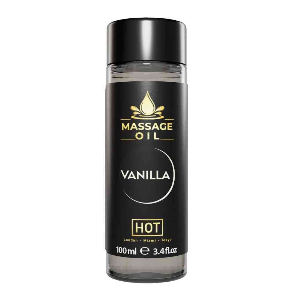 Cilindrische fles met zwarte dop. Opschrift: Massage Oil Vanilla. Onder de naam: HOT. Volume: 100ml.
