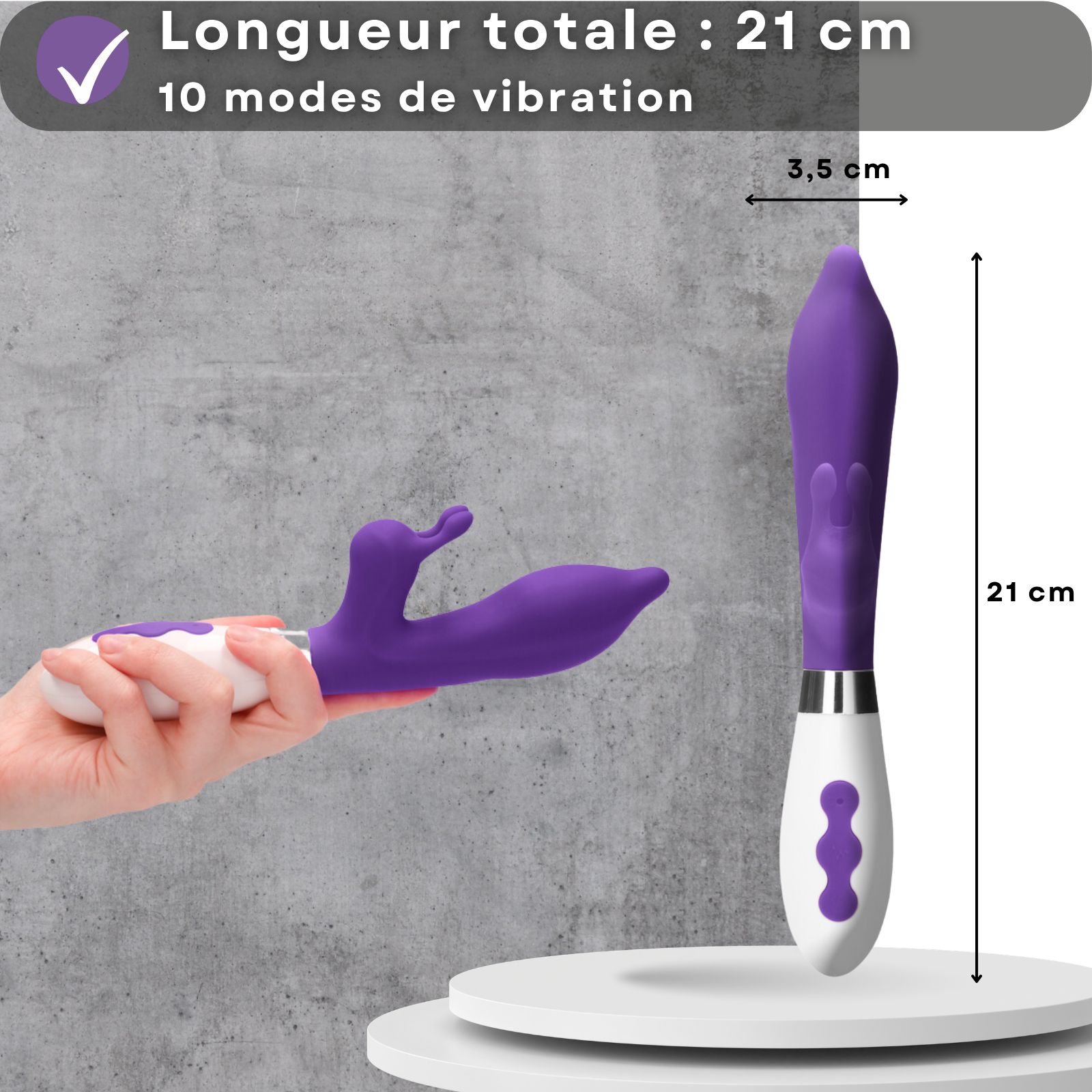 Vibrateur violet avec oreilles de lapin, 21 cm, 3,5 cm de diamètre. Sur socle. Dimensions indiquées.