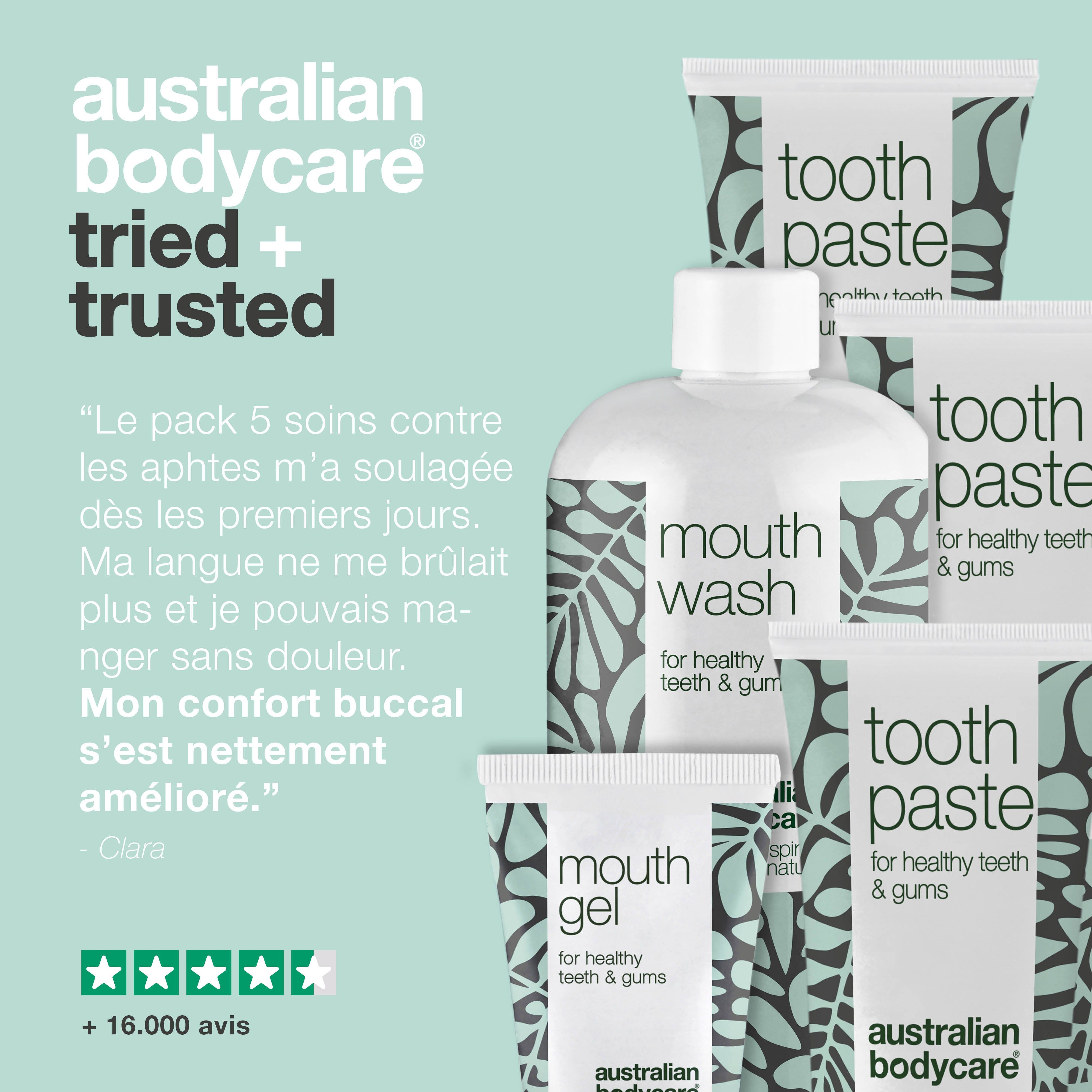 Ensemble de produits avec dentifrice, bain de bouche et gel buccal. Texte : Australian Bodycare. Avis clients.
