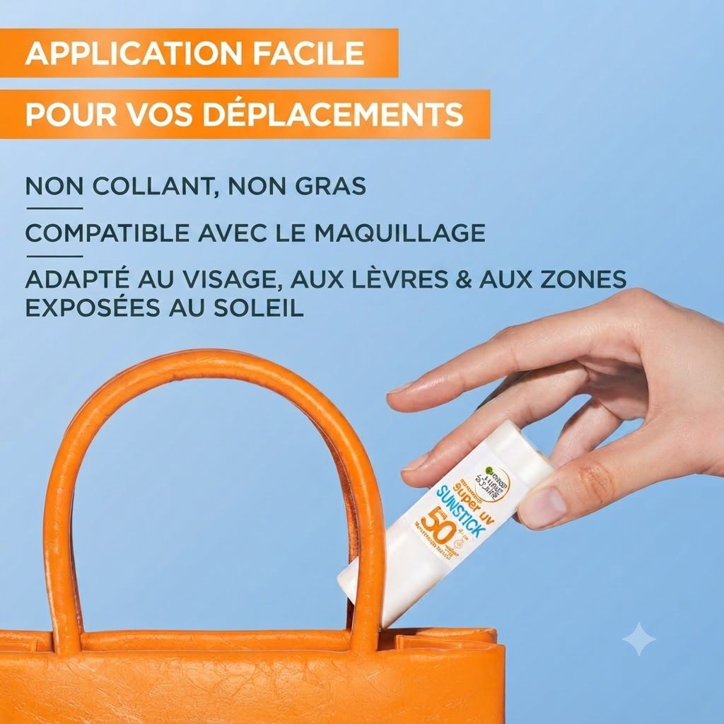Une main tient un bâton de protection solaire blanc marqué "Super UV Sunstick 50" au-dessus d'un sac orange.