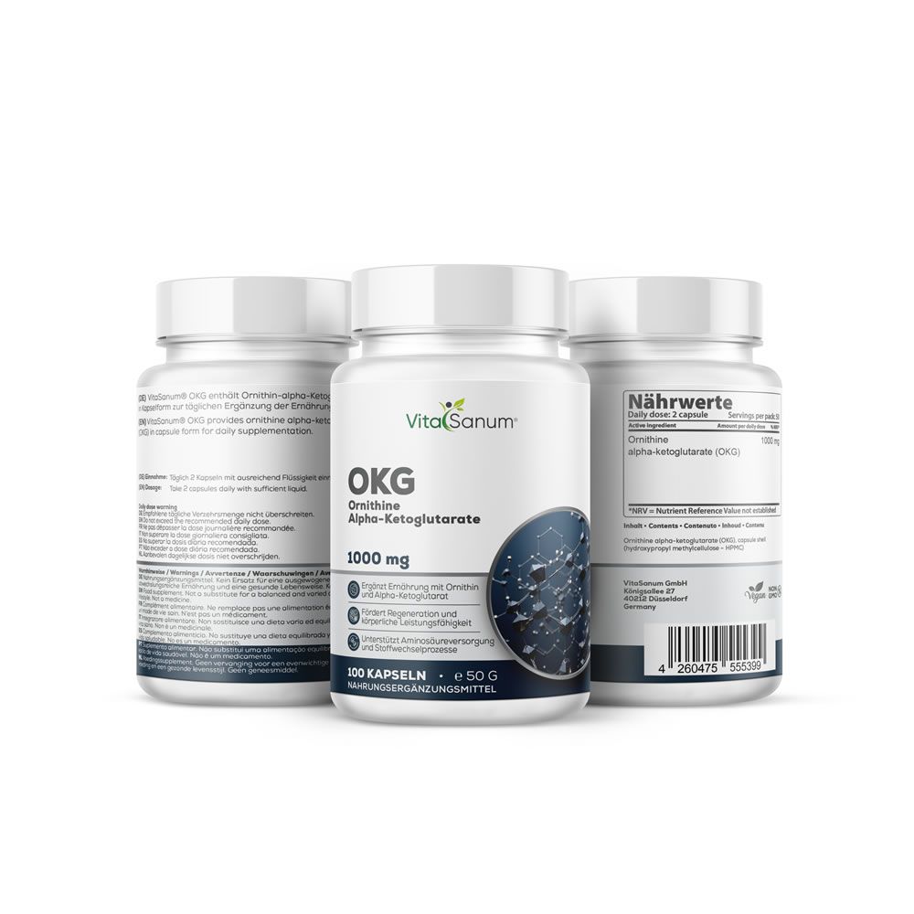Trois flacons blancs VitaSanum OKG. Inscription: Ornithine Alpha-Ketoglutarate, 1000 mg, 100 gélules, 50g.