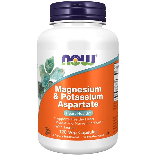 Now Foods Magnésium & Potassium Aspartate. Soutient la santé cardiaque, musculaire et nerveuse. 120 gélules végétales.