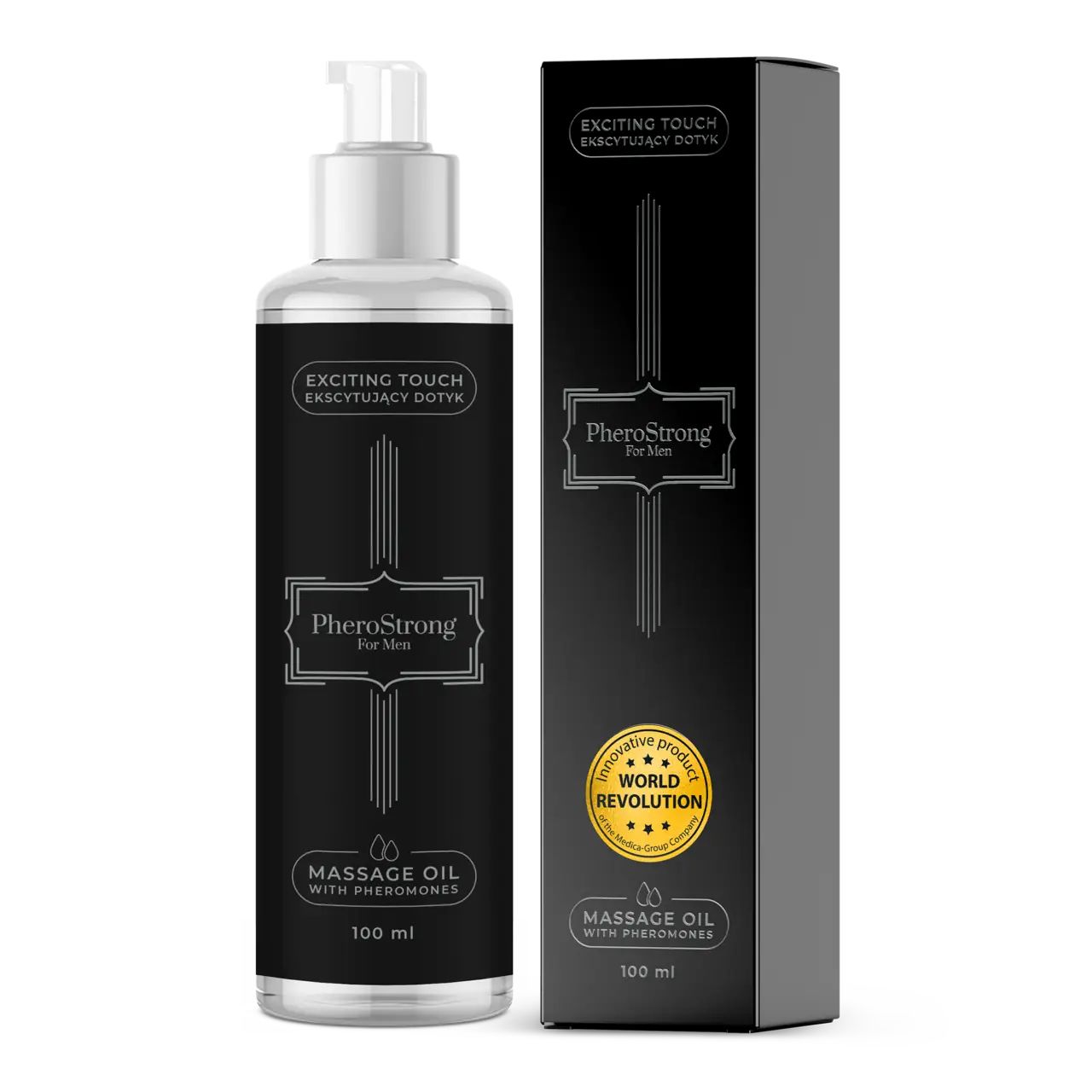 Flacon d'huile de massage PheroStrong avec pompe et emballage. Avec phéromones.