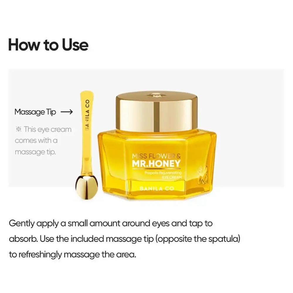 Oogcrème potje met applicator. Opschrift: Miss Flower & Mr. Honey. Tekst: Gebruiksaanwijzing. Applicator in de vorm van een lepel.