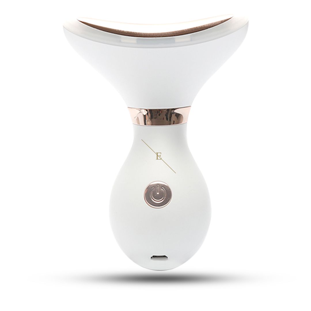 Wit LED-apparaat voor hals en kin, met gouden accenten. Aan/uit-knop en oplaadpoort.