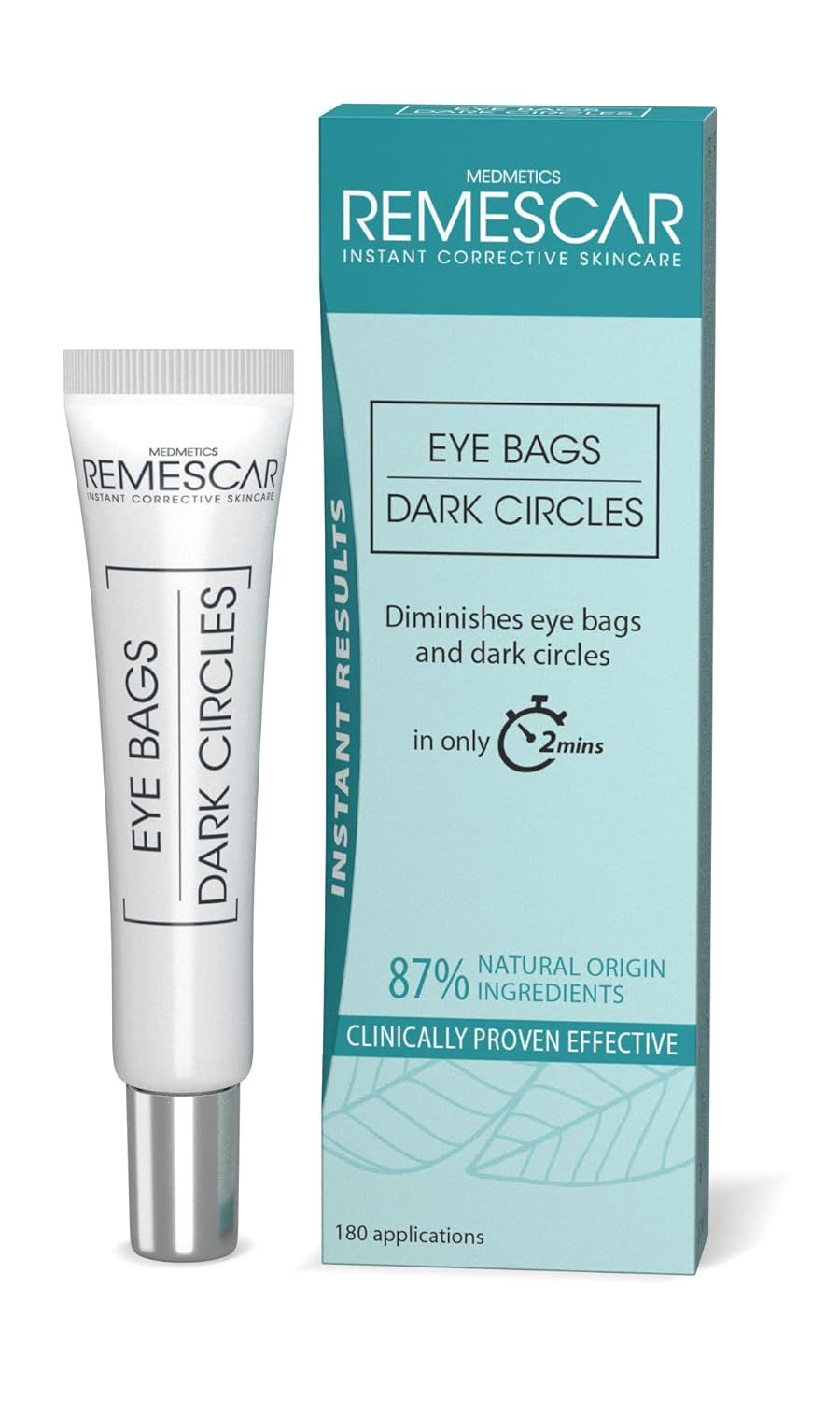 Tube et boîte avec nom du produit. Inscription : Eye Bags Dark Circles. 87% d'ingrédients d'origine naturelle. Efficacité cliniquement prouvée.