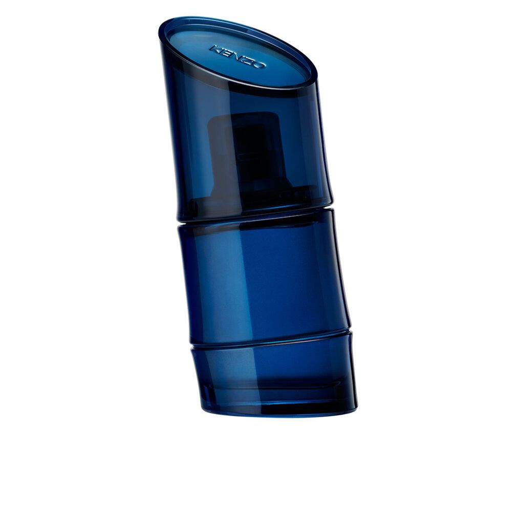 Blauwe flacon, schuine vorm, Kenzo-logo. Tweedelige flacon, verstuiver zichtbaar.