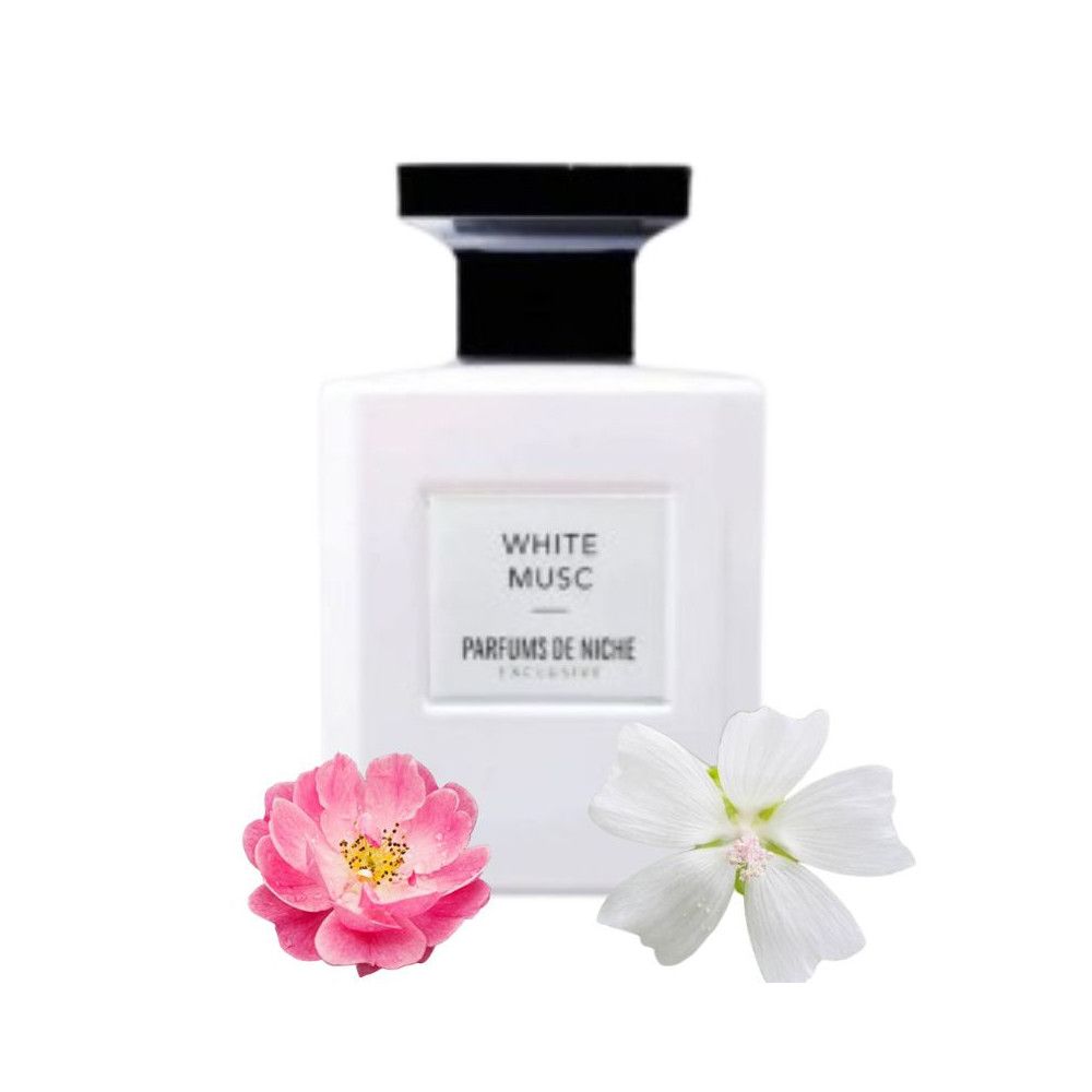Flacon blanc avec bouchon noir. Inscription: White Musc, Parfums de Niche. Deux fleurs à côté.