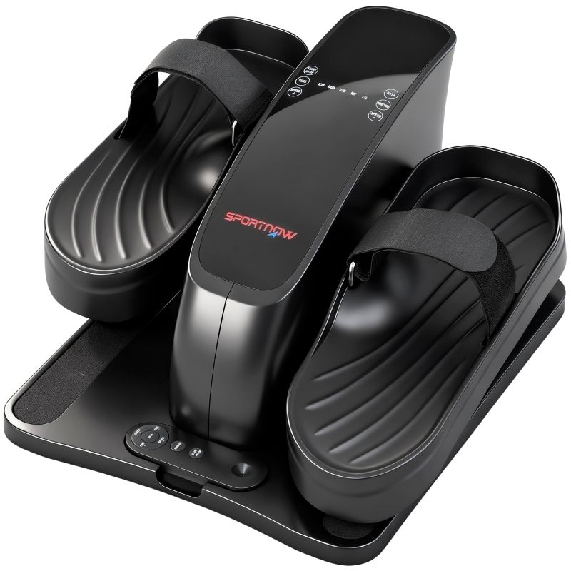 Zwarte mini-elliptische trainer. Pedalen met riemen, centraal bedieningspaneel met knoppen en LED-display. SPORTNOW-logo.