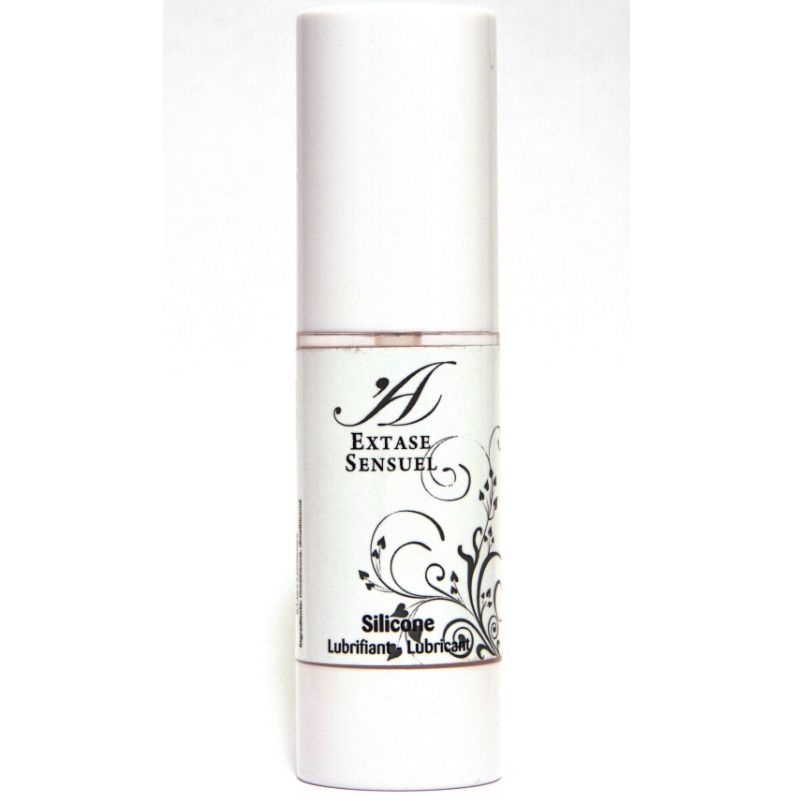Flacon blanc avec pompe doseuse, étiquette 'Extase Sensuel Silicone Lubricant'.