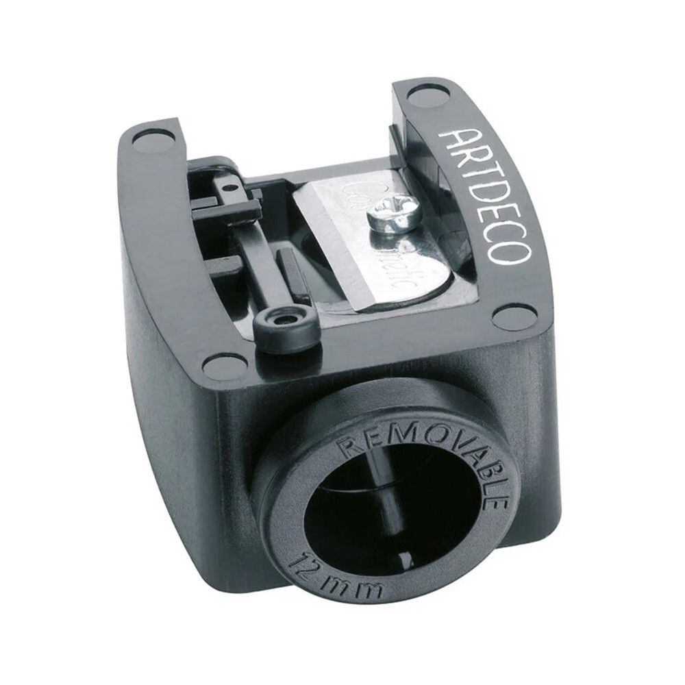 Taille-crayon noir avec logo Artdeco. Avec ouverture pour crayons. Inscription: REMOVABLE et 12 mm.